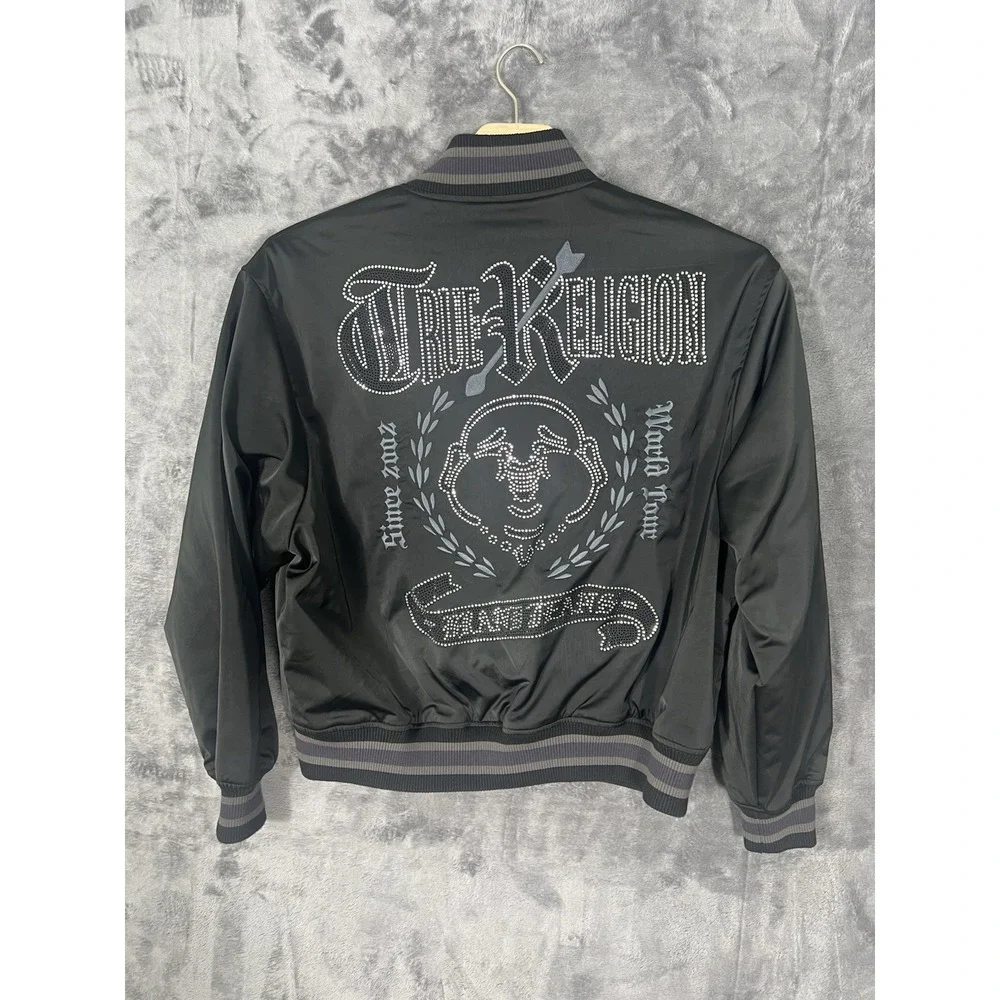 True Religion Mens Varsity Bomber Jacket Black Rhinestone Horseshoe Logo XL